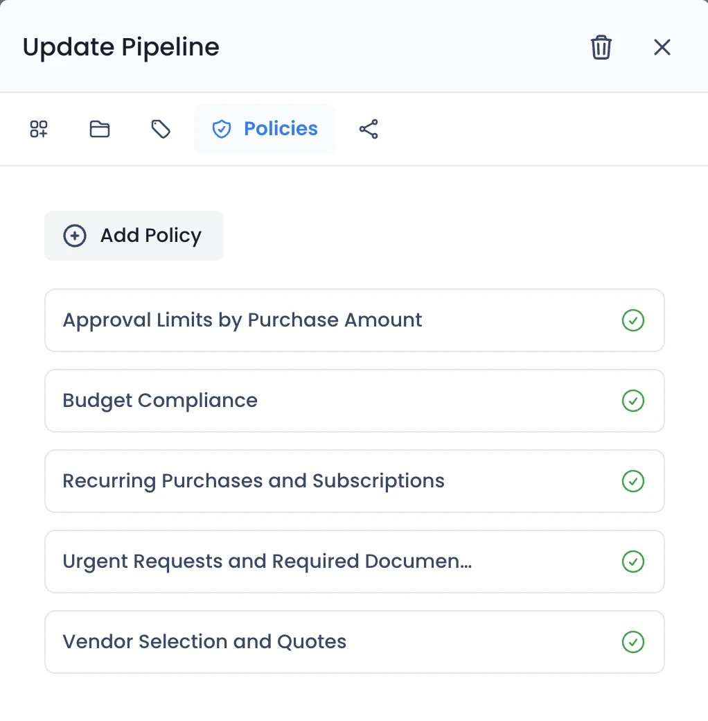 Pipeline-Richtlinien neben einer Richtlinie im Editor